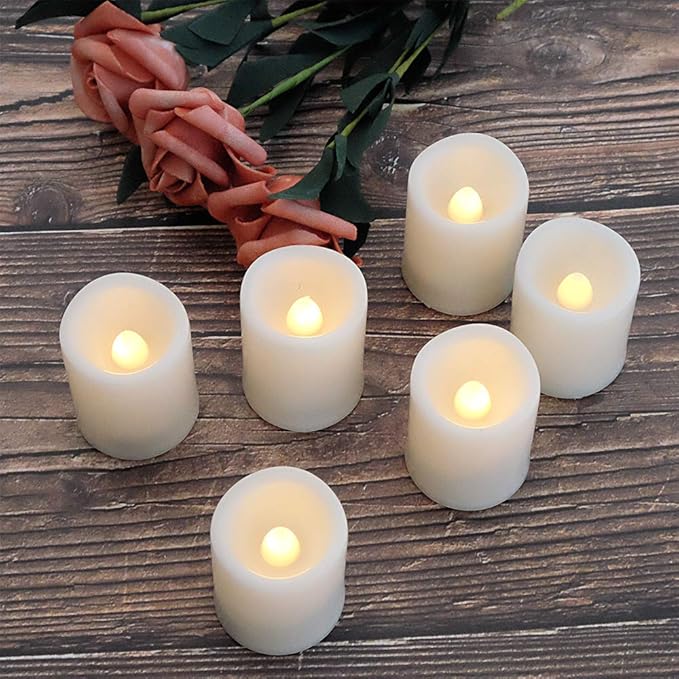 DRomance Flameless Flickering LED Votive Candles with Remote, Battery Operated TeaLights Battery Included,Warm White Light 1.5 x 2 inch Set of 6 for Christmas Decoration