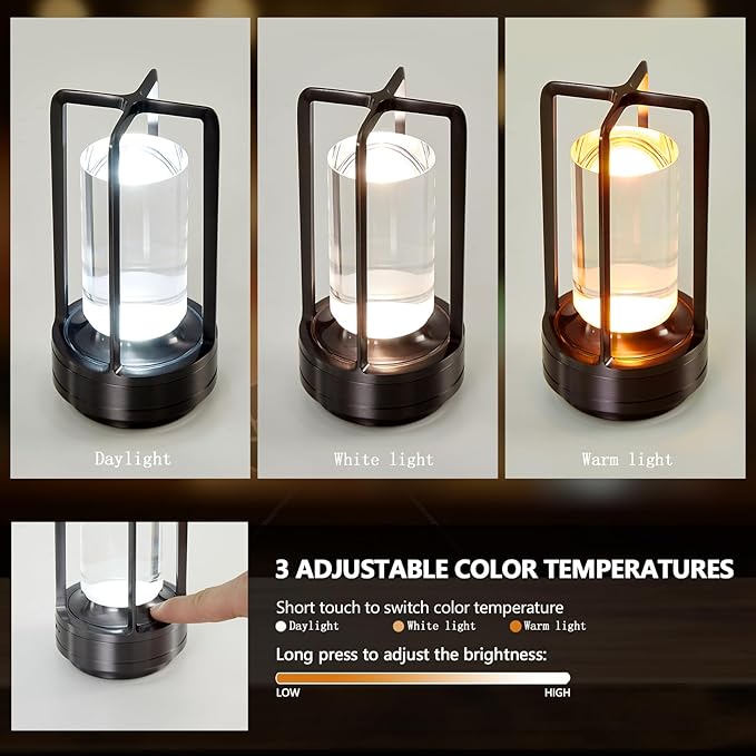 Small Table Lamp, Rechargeable Cordless Battery Operated LED Lamp, 3-Color Temperatures Dimmable Nightstand Lamp for Living Room, Bedroom, Outdoor Battery Powered Portable Touch Lamp (Grey)