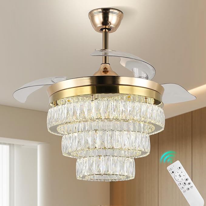 Finktonglan 42'' Dimmable Chandeliers Fan, Crystal Ceiling Fan with Lights with APP & Remote Control, Gold Fandelier Ceiling Fan, 3 Color Change, 6 Speed Reversible Fandeliers, Circulating Air