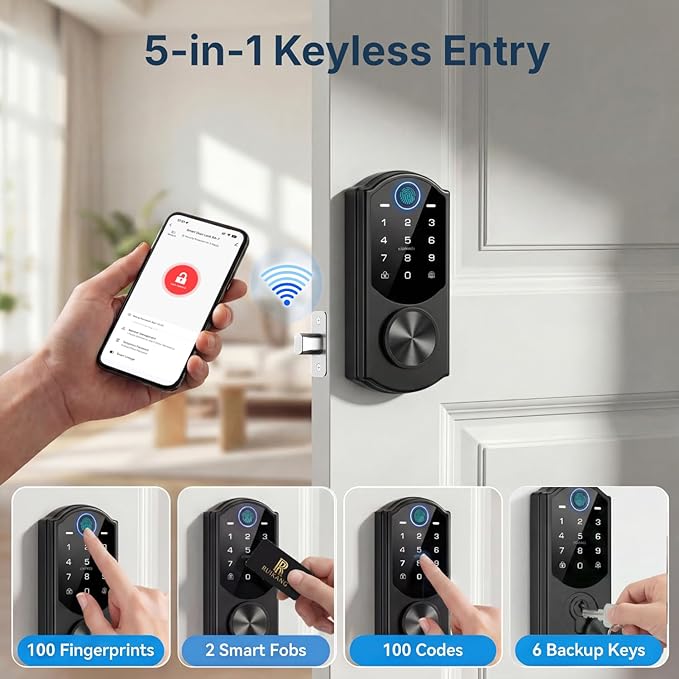 WiFi Smart Lock with Fingerprint, Keyless Entry Door Lock for Front Door, Built-in WiFi, Touchscreen Keypad Deadbolt, App Remote Control, Auto Lock, Easy Installation