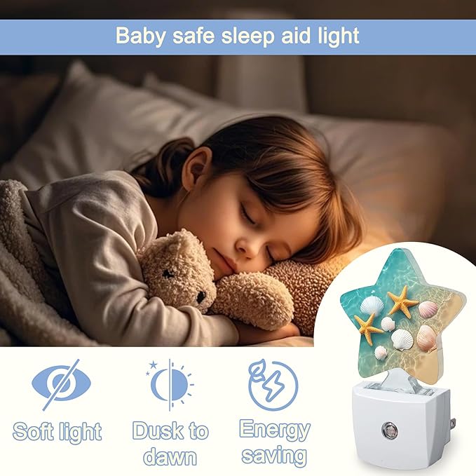 Night Light,Starfish Shell Plug into Wall with Dusk to Dawn Light Sensors,Summer Coastal Beach Warm Star Nightlights for Bedroom,Bathroom,Hallway,Kitchen Home Decor Desk Lamp