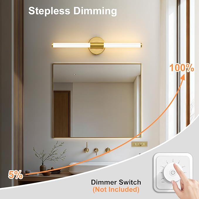LED Bathroom Light Fixtures, Gold Vanity Lights for Bathroom, 360° Full Lighting Dimmable LED 24 inch Vanity Light Bar Over Mirror, Hardwired Modern Wall Sconce Warm White for Bedroom Living Room