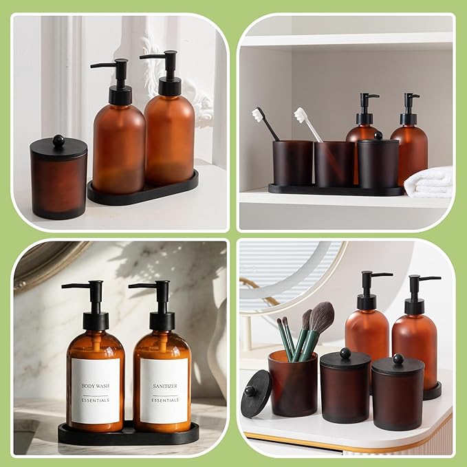 Yaomiao 5 Pack Amber Frosted Glass Bathroom Accessories Set Complete, Kitchen Modern Liquid Soap Dispenser Set with Pump and Wood Tray, Toothbrush Holder Cotton Swab Jars with Lids for Sink Countertop