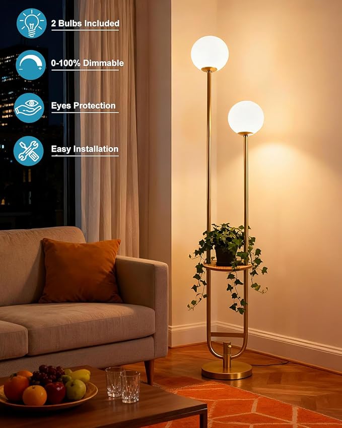 Lightdot 63IN Gold Floor Lamp with Table, 2 Globe Mid Century Standing Lamps with Warm White LED Bulbs, Unique U-Pole Vintage Tall Floor Lamp for Living Room/Wedding/Party/Sofa Beside/Corner Decor