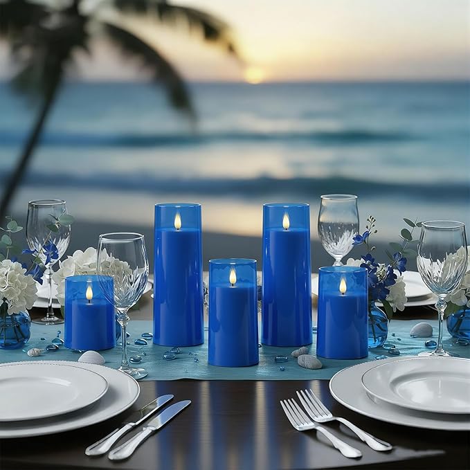 Raycare Flameless Candles Battery Operated with Remote Timer, Acrylic Flickering LED Pillar Candle for Christmas Decoration, Home Decor, Gift for Family and Friend, Blue, Set of 5