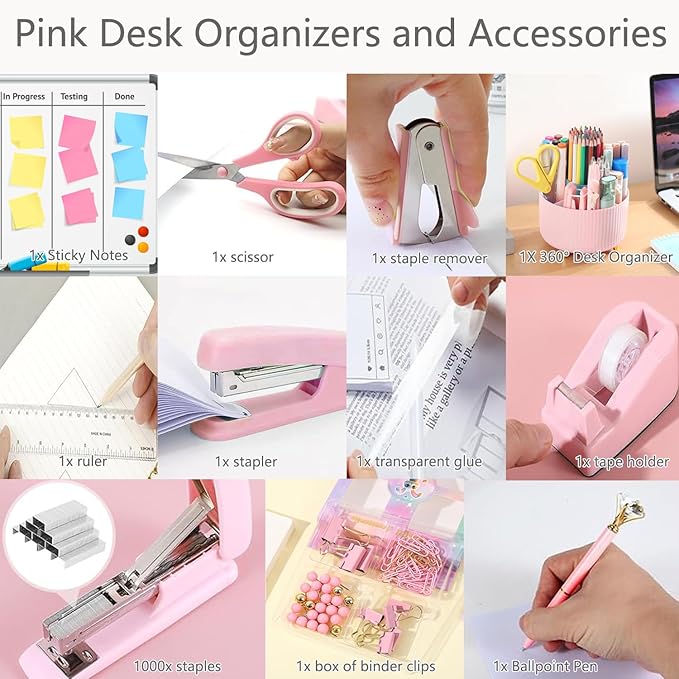 suniya Office Supplies,Desk Accessories,with Stapler,Tape Dispenser,Staple Remover,Scissor,Ballpoint Pen,Sticky Notes,Clear Tape,Staples,Desk Organizer,Ruler,Binder,Best Gift Set(Black)