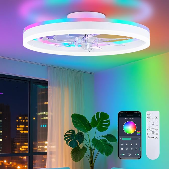 STERREN 15.7" RGB Ceiling Fan with Light, Modern Flush Mount Bladeless Ceiling Fans, Low Profile Ceiling Fan with Remote,Small White Fandelier Chandelier for Bedroom Living Room