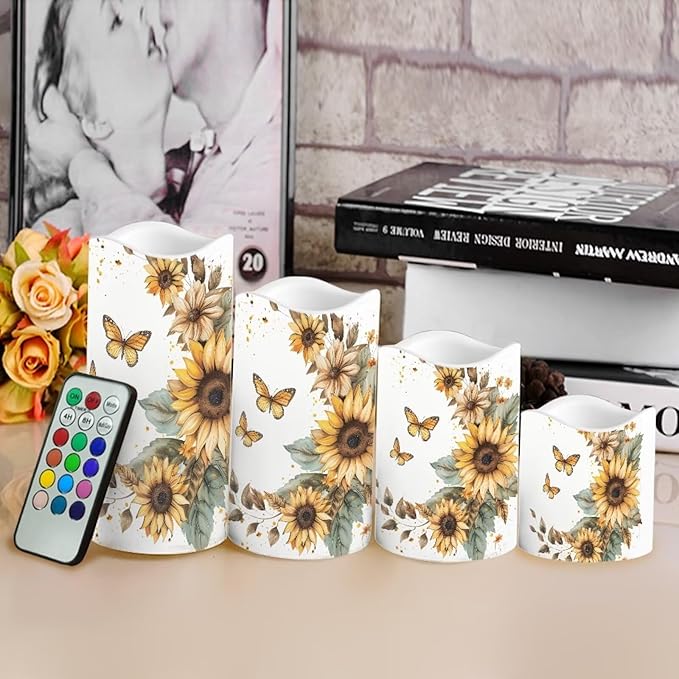 Sunflower Moon Flameless Candles Bulk Timer Battery Operated Candles with Remote Color Changing Electric Pillar Led Candles Room Home Dining Table Decorations Tea Light