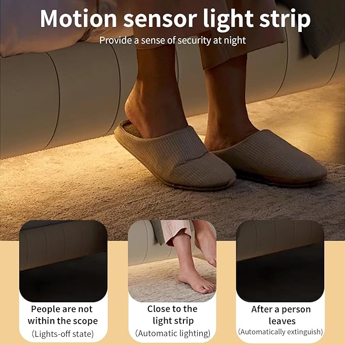2 pcs Battery Powered motion sensor light strip,indoor,closet lights,flexible self adhesive led strips lights,hallway light,warm bedside lights,stair,bedroom,kitchens,living room,corridors,Cabinet