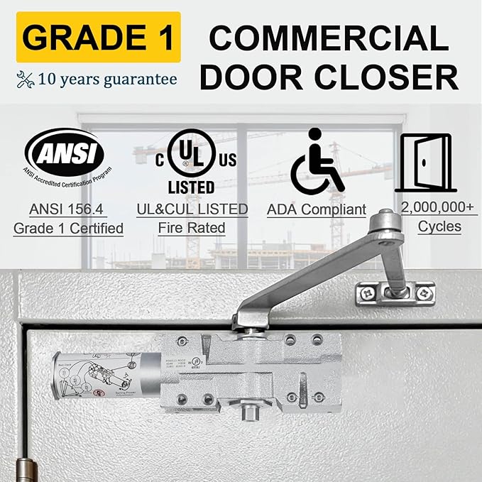 Grade 1 Commercial Door Closer, Extra Heavy Duty Hydraulic Auto Closer, Cast Iron Body & Forged Steel Arm, Size 1-6, Self-Closing, UL 3 Hour Fire Rated, ADA, 3 Mount Types, DC-OB
