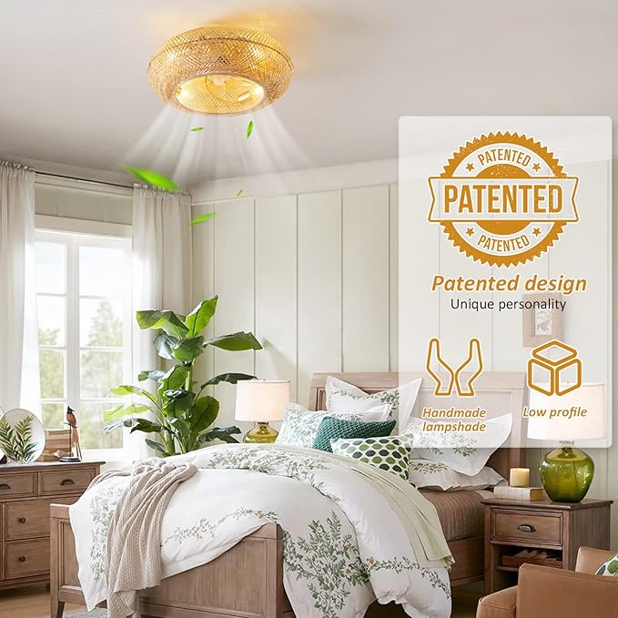 20" Boho Ceiling Fans with Lights,Rattan Caged Flush Mount Ceiling Fan with Light, Enclosed Timing 6 Speeds Reversible for Living Room Bedroom Dining Room