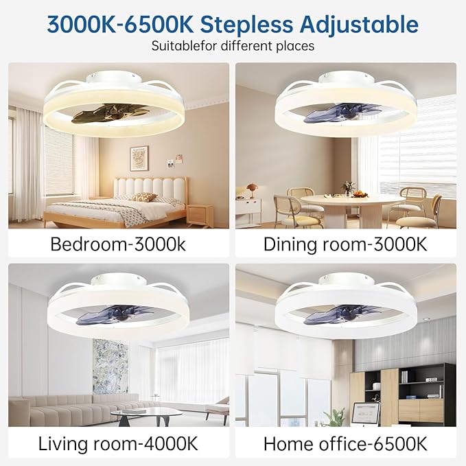 Smart Ceiling Fan with Lights and Alexa Assistant/APP/Remote Control Low Profile Fan with 6 Speeds, 15° Tilt Manal Adjustment, Stepless Color Temperature Change for Home, Office White