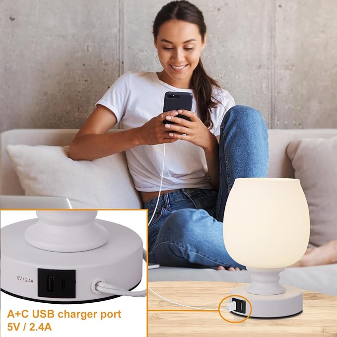 Small LED Table Lamp for Bedroom, 2 Sets Touch Control Dimmable Desk Light,USB Port White