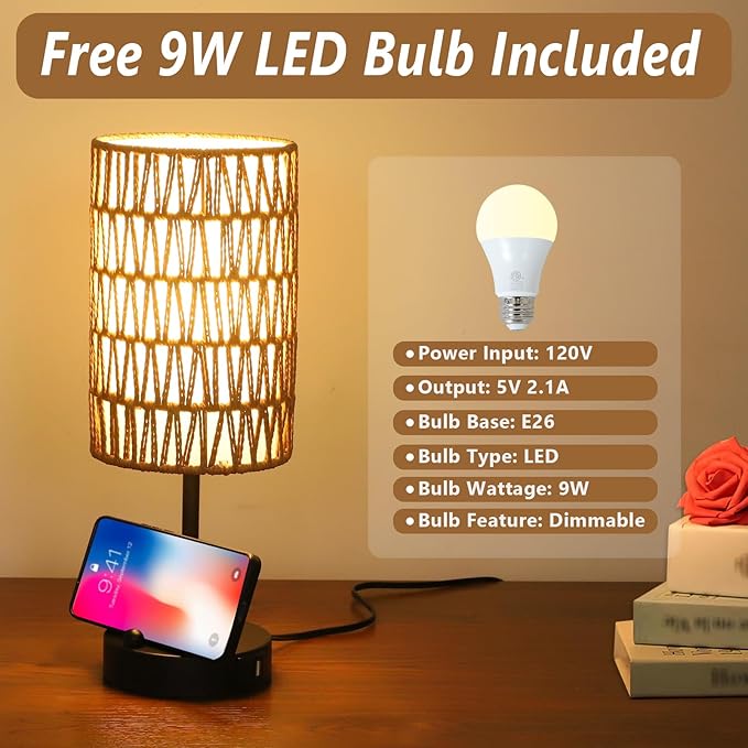 Touch Table Lamp For Bedroom with Bulb, Boho Small Desk Lamp For Living Room With Rattan & Linen Shade, 3 Way Dimmable Bedside Table Lamp For Nightstand With USB Charging Port & Phone Stand For Office