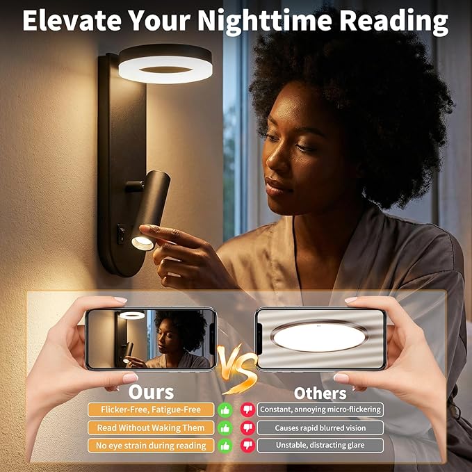 Wall Mounted Reading Lights for Bedroom - Independent Switch, 350° Adjustable Bedside Lamps Set of 2, Hardwired Installation LED Wall Sconces for Living Room, Study Room (Black, 8.65")