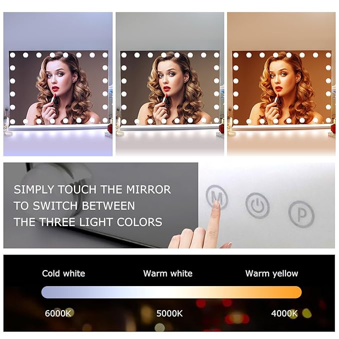 31.5"x 23.6" Vanity Mirror Makeup Mirror with Lights,10X Large Hollywood Lighted Vanity Mirror with 24 Dimmable LED Bulbs,3 Color Modes,Touch Control for Bedroom,Wall-Mounted,White