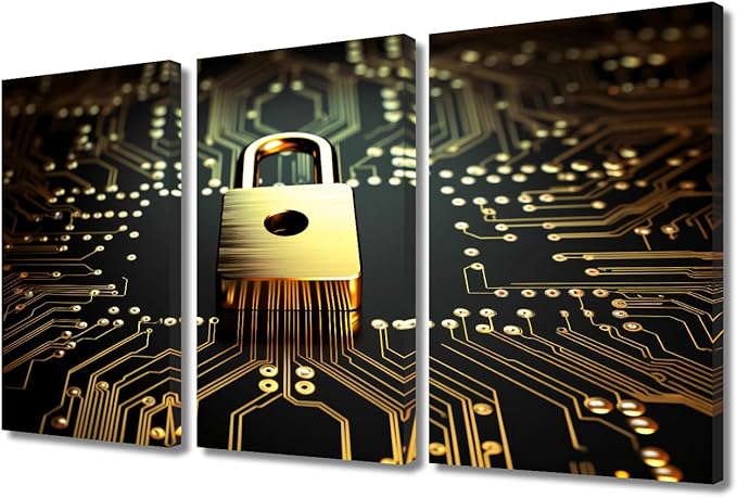 3 Panel Modern Wall Art Data Security Concept Pictures Print on Canvas for Living Room Bedroom Bathroom Wall Decoration, Wooden Framed Gallery-Wrapped Ready to Hang, 36" Wx24 H