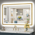 48x32 Gold Beveled LED Bathroom Mirror with Lights, Brushed Gold Framed Backlit and Front Lit Anti-Fog Lighted Vanity Mirrors for Bathroom Wall, Dimmable, 3 Colors, Memory, HD Tempered Glass