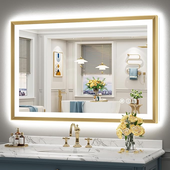 48x32 Gold Beveled LED Bathroom Mirror with Lights, Brushed Gold Framed Backlit and Front Lit Anti-Fog Lighted Vanity Mirrors for Bathroom Wall, Dimmable, 3 Colors, Memory, HD Tempered Glass