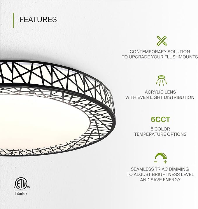 ASD 18 Inch LED Flush Mount Ceiling Light Fixture for Bedroom, 35W 1992LM 5CCT 2700K-5000K, Triac Dimmable Lights, Dining, Living Room, Kitchen Lamps, Modern Home Lighting Fixtures, Black, ETL