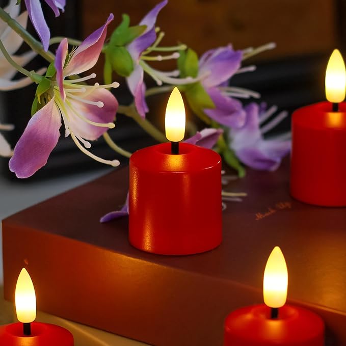 Rechargeable Small Flameless Tea Light Candles with Remote Function, LED Votive 2/4/6/8 Hours Timer Red 1.5" x2.5" Mini Plastic Set of 6 Tealight (Charging Cable Included)