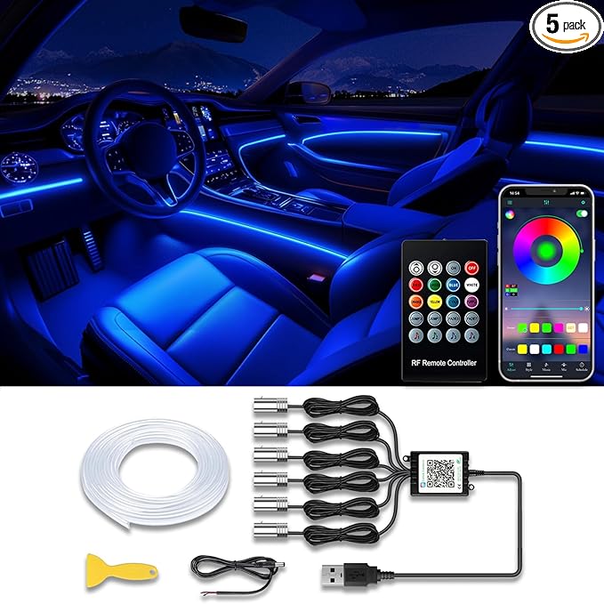 Car LED Strip Lights, USB Interior Ambient Lighting Kits with Wireless APP and RF Remote Control, 16 Million Colors Music Mode Car Decoration Lights with 315 inches 3.0mm Fiber Optic (6 in 1)