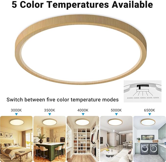 LED Flush Mount Ceiling Light,12Inch 24W,3000K/3500K/4000K/5000K/6500K 5 Color Temperatures Ceiling Light Fixture for Kitchen Porch Hallway Bedroom Bathroom and Closet,Wood