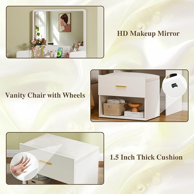 3 in 1 Vanity Desk with Flip-up Mirror, Compact Vanity with 2 Fabric Drawers & Storage Cushioned Chair, Charging Station, Girls Small Vanity Nightstand for Bedroom, White