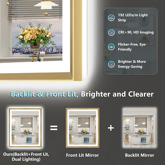 24x36 Gold Beveled LED Bathroom Mirror with Lights, Brushed Gold Framed Backlit and Front Lit Anti-Fog Lighted Vanity Mirrors for Bathroom Wall, Dimmable, 3 Colors, Memory, HD Tempered Glass
