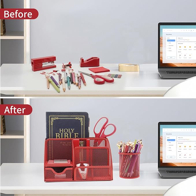 12 in 1 Red Desk Organizers and Accessories, Office Supplies Set Gifts for Coworkers, Office Supplies Include Stapler Pen Holder Tape Holder Staples Scissors Ruler Staple Remover for Home School