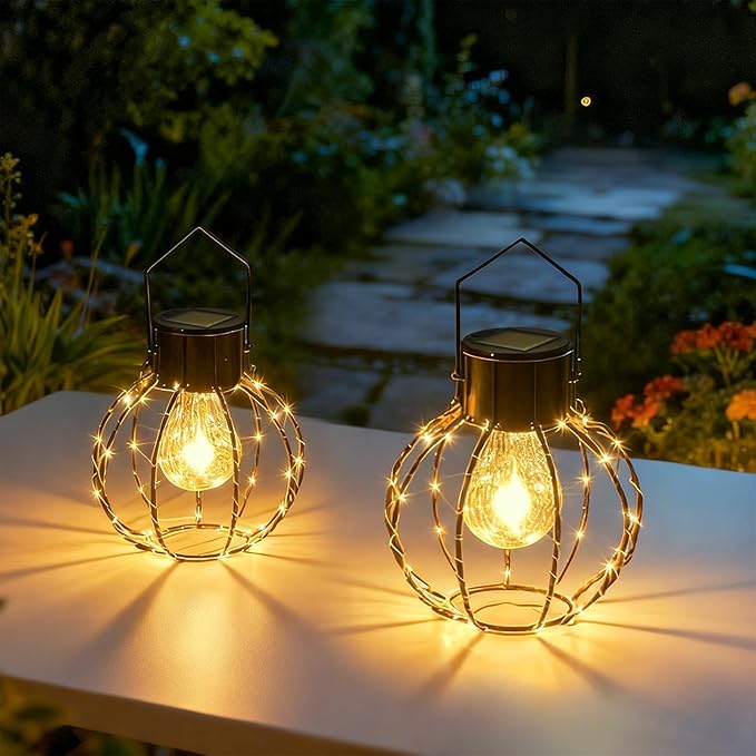 Hanging Solar Lantern Outdoor, 8.19" Large Solar Pendant Lights Outdoor Waterproof with Warm White Bulb&String LED Inside, Decor for Patio, Garden, Yard, Pergola, Christmas, Camping, 2 Pack Gift Set