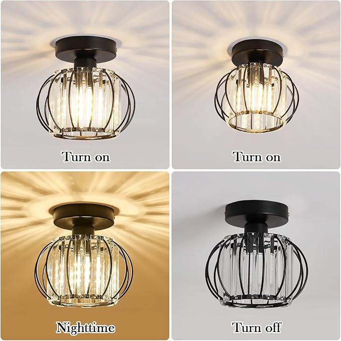 YYJLX 2 Pack Semi Flush Mount Ceiling Light Fixture Modern Small Crystal Chandelier Mini Indoor Ceiling Lamp for Bathroom Hallway Foyer Porch Hall Closet（Black）