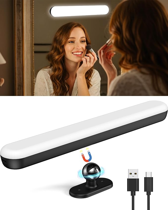 Wireless Rechargeable Bathroom Vanity Light – Black, 1600mAh Battery Operated Makeup Light Stick On, with 3 Color Modes & Touch Control, Adjustable Angle, USB-C Fast Charging for Above Mirror