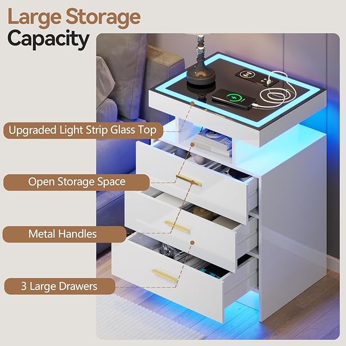 White Night Stand Set 2 with Wireless Charging Station,Smart Bedside Table with 3 Drawers,Modern Glass Top End Table with 3 Color Dimmable,LED Nightstand for Bedroom