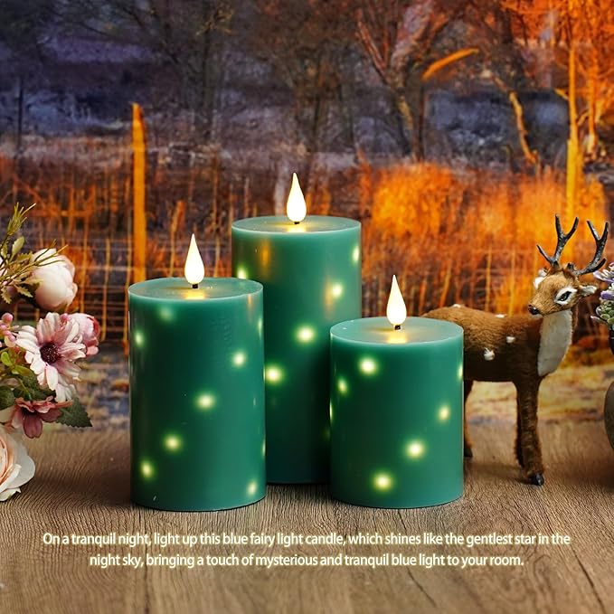 Flameless Candles with Embedded Star String, Real Wax Battery Operated Candles with Remote Timer, Flickering Pillar LED Candle Set for Home Decor Romantic Ambiance （Green）