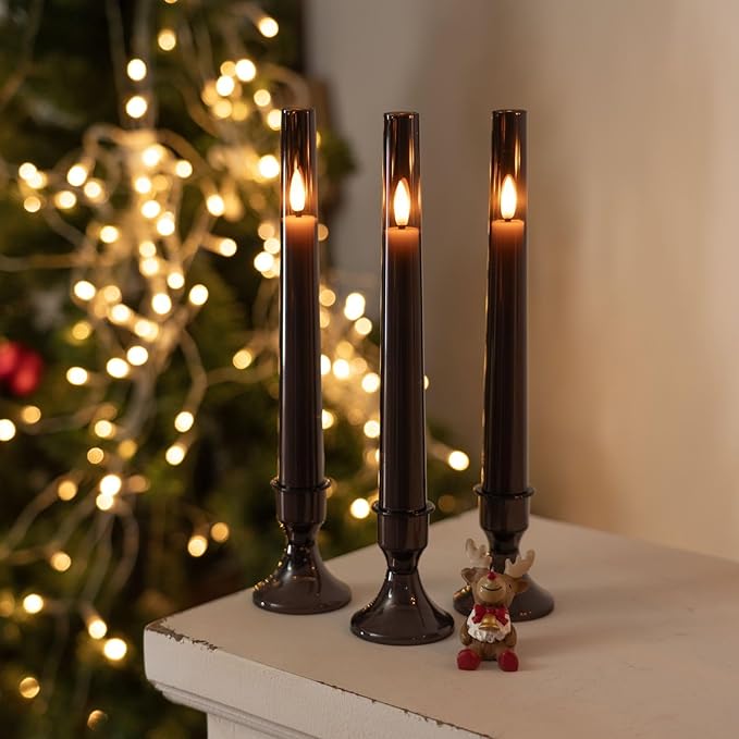 Homemory 6 Pcs Flameless Taper LED Candles with Remote and Timer, 3D Wick Flickering, Window Candles with 2 Light Modes, Battery Operated for Xmas Wedding Decor, 9.6 Inch, Black
