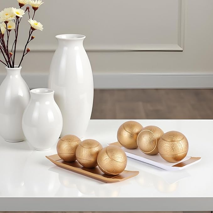 XMGZQ Small Decorative Tray and Orbs Balls Set,Gold Decorative Balls with Centerpiece Bowls for CoffeeTable,Living Room,TV Stand,Center Pieces Decoration for Table,Centro de Mesa de Comedor (Gold)