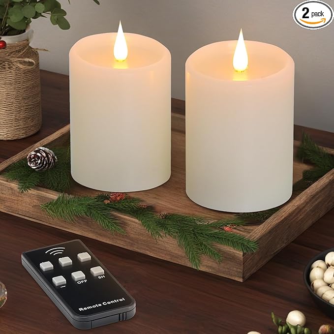 Flickering Flameless Candles with 3D Moving Flame, Real Wax Battery Operated Candles with Timer and Remote, Last 600+ Hours, 3" x 4" LED Fake Candles for Home Wedding Christmas Decor, 2 Pack