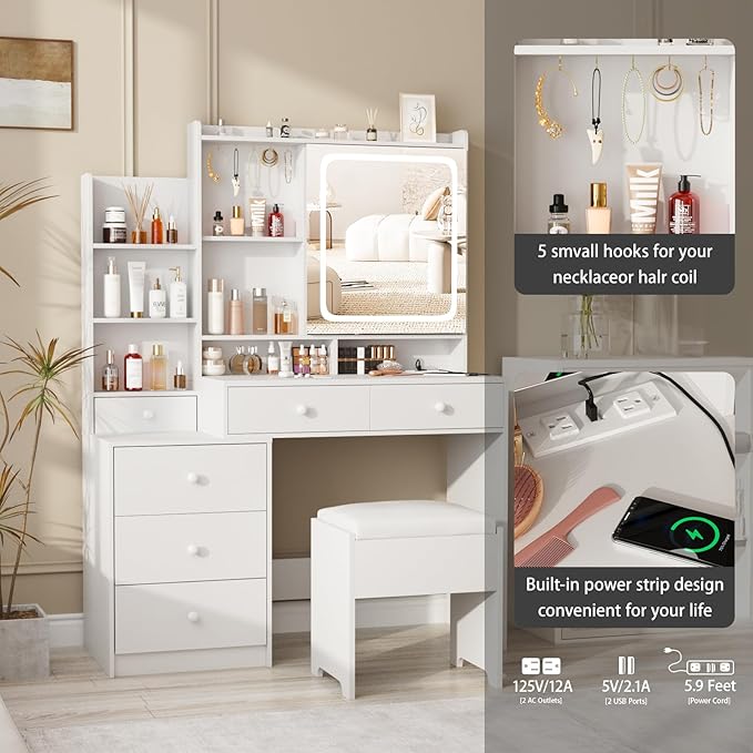 White Vanity Desk Set with Led Mirror,Makeup Vanity Table with Power Strip,Dressing Table with Stool & Lots Drawers,3 Lighting Color Mirror,Brightness Adjustable