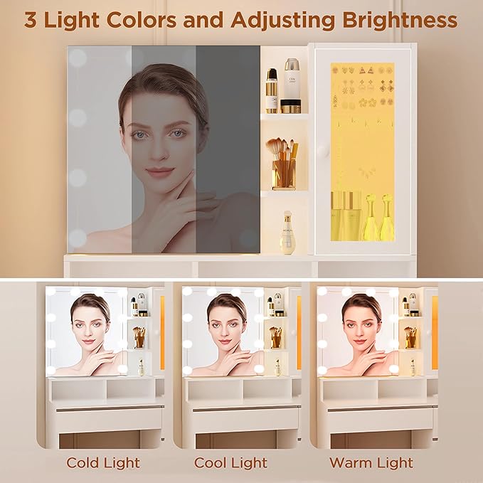 Vanity Desk with LED Lights Mirror, Makeup Table with Power Outlet for Ladies and Girls, 35.43" RGB Light Makeup Desk with 6 Storage Drawers for Bedroom, White 2