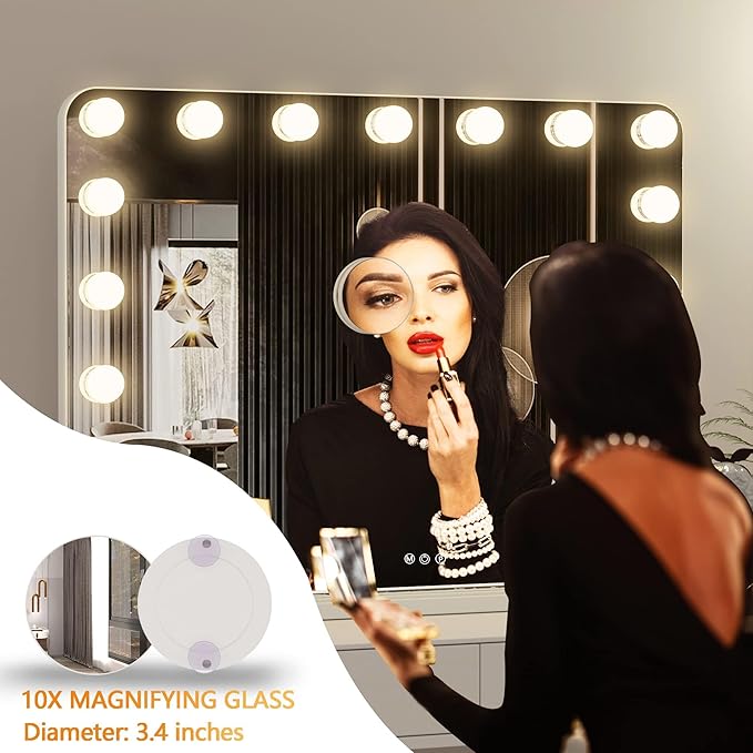 Hasipu Vanity Mirror with Lights, 32" x 24" Hollywood Mirror, Makeup Mirror with 17 Dimmable Bulbs and 10X Magnification, 3 Colors Modes, Touch Control, USB Charging Port, Type-C (Round White)