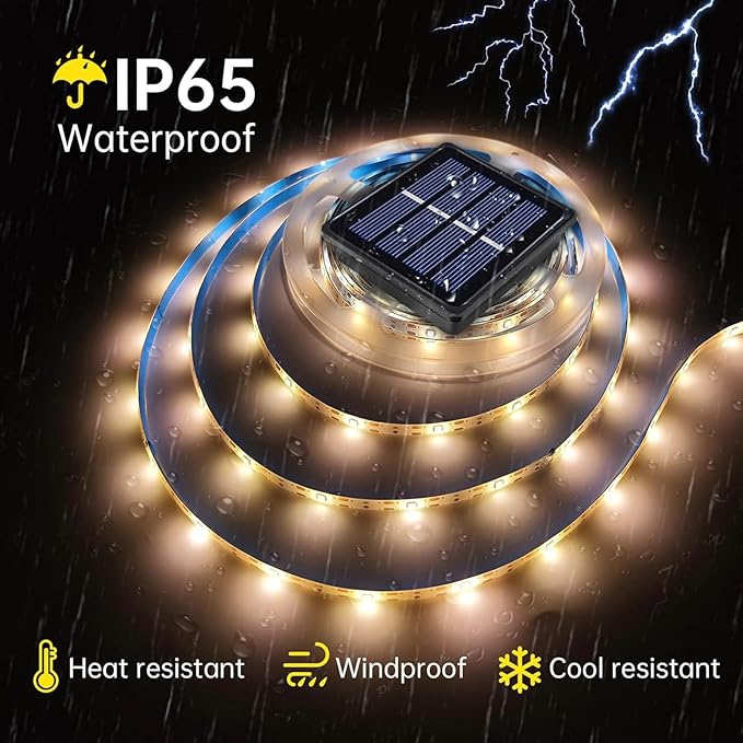 19.8 FT Solar LED Strip Lights Outdoor Waterproof Rope Light 3000K Cuttable & 8 Modes Solar Powered Tape Lighting for Step, Sign, Driveway