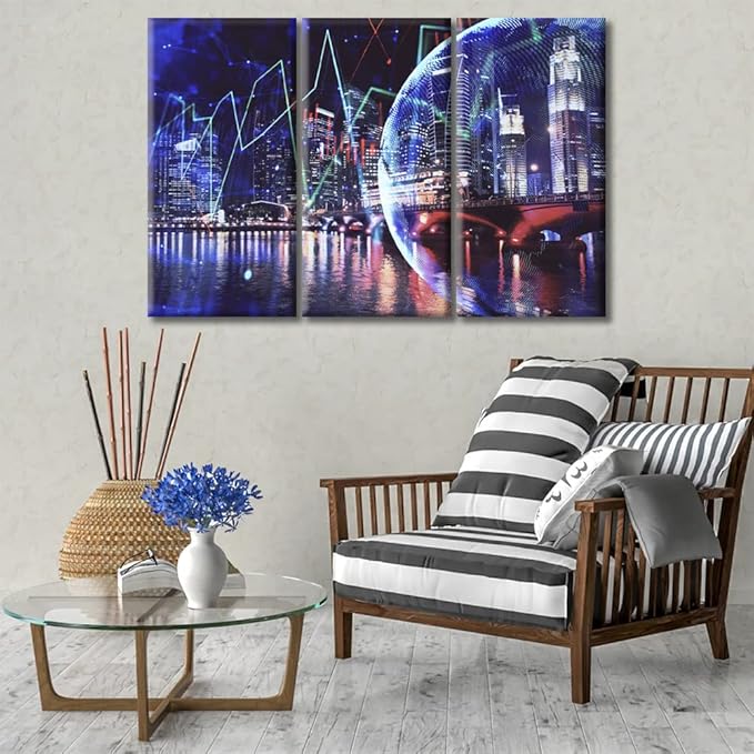 Modern Canvas Business and Financial Concept Pictures Home Decor Posters and Prints 3 Pieces Trading Graph on the Cityscape at Night Background Wall Art for Living Room Ready to Hang (36"Wx24"H)