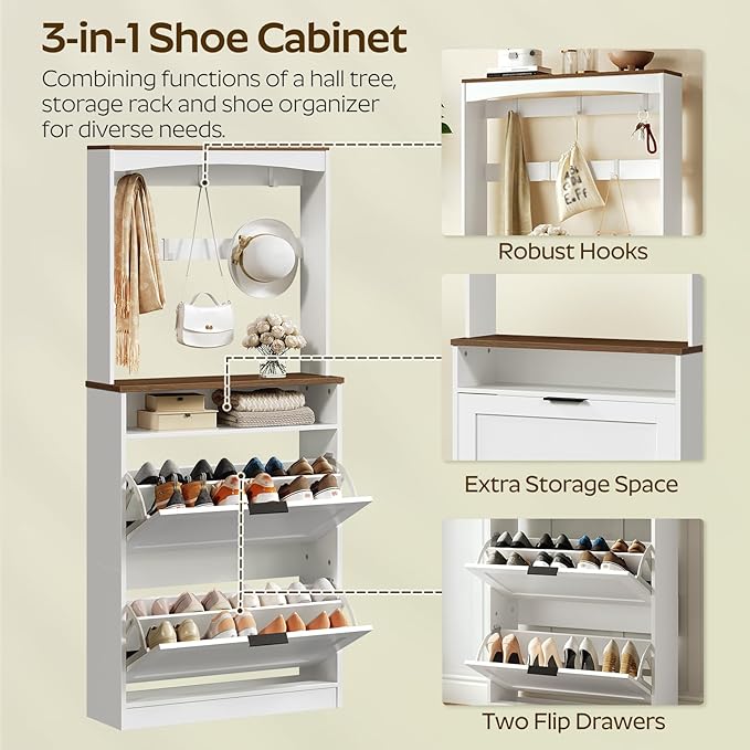 Tall Shoe Cabinet with Flip Drawers and Coat Rack, Floor Standing Modern Shoe Storage Organizer, 2-in-1 Hall Tree with Movable Hooks and Open Shelves, for Entryway, White and Walnut SC01WHY1