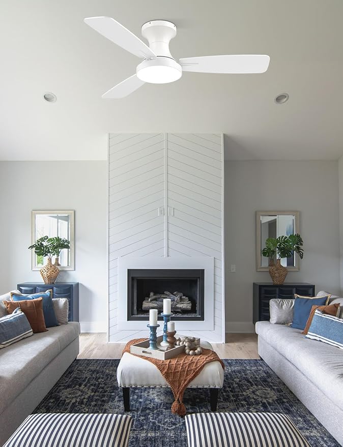 42 inch Smart Ceiling Fan with Light, Low Profile Flush Mount with Remote Control, Ultra-Quiet Reversible DC Motor, 3 Color Temperatures & 6 Speed Dimmable Lighting for Bedroom, White