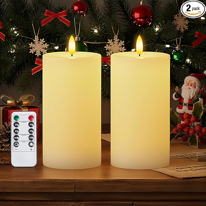 Homemory White 3x6 Inch Flameless Candles Battery Operated with Remote Timer, Real Wax LED Pillar Candle for Home Fireplace Bedroom Living Room Party, Set of 2