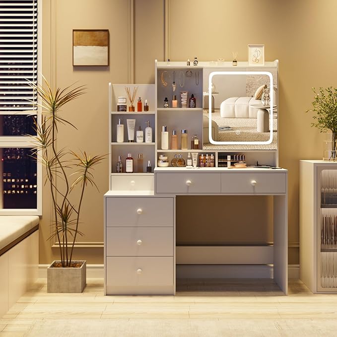 White Makeup Vanity with Led Mirror and Power Strip,Vanity Desk with Lots Drawers & Openable Mirror,3 Lighting Colors,Open Storage Shelves,Dressing Table for Bedroom