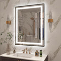 OKPAL 28x32 LED Bathroom Mirror with Lights, Black Lighted Mirrors for Bathroom Wall, Front and Backlit, Anti-Fog, Dimmable, Shatterproof, 3 Colors, Memory, Horizontal/Vertical