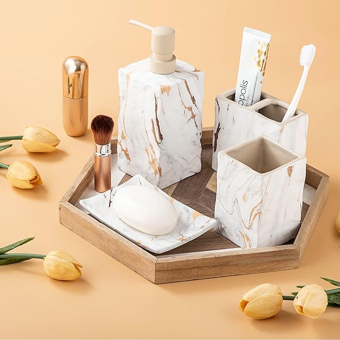 RQYIXI Bathroom Accessories Set 4 Pcs Marble Look Sets Toothbrush Holder Soap Dispenser Counter Top Ceramic Bathroom Decor Set Gold