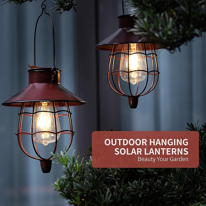 2 Pack Solar Lantern Outdoor Waterproof, Solar Lights Outdoor with Vintage Metal Warm White Edison Bulb Design, Hanging Lanterns Decorate for Garden Yard and Porch (Red)